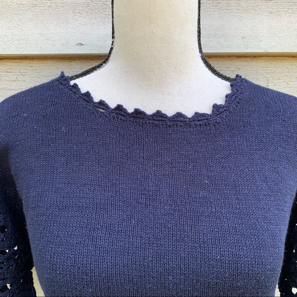Vintage 90s Navy Blue Solid Print Crochet Trim Short Sleeve Knit Sweater Blouse - Picture 9 of 16
